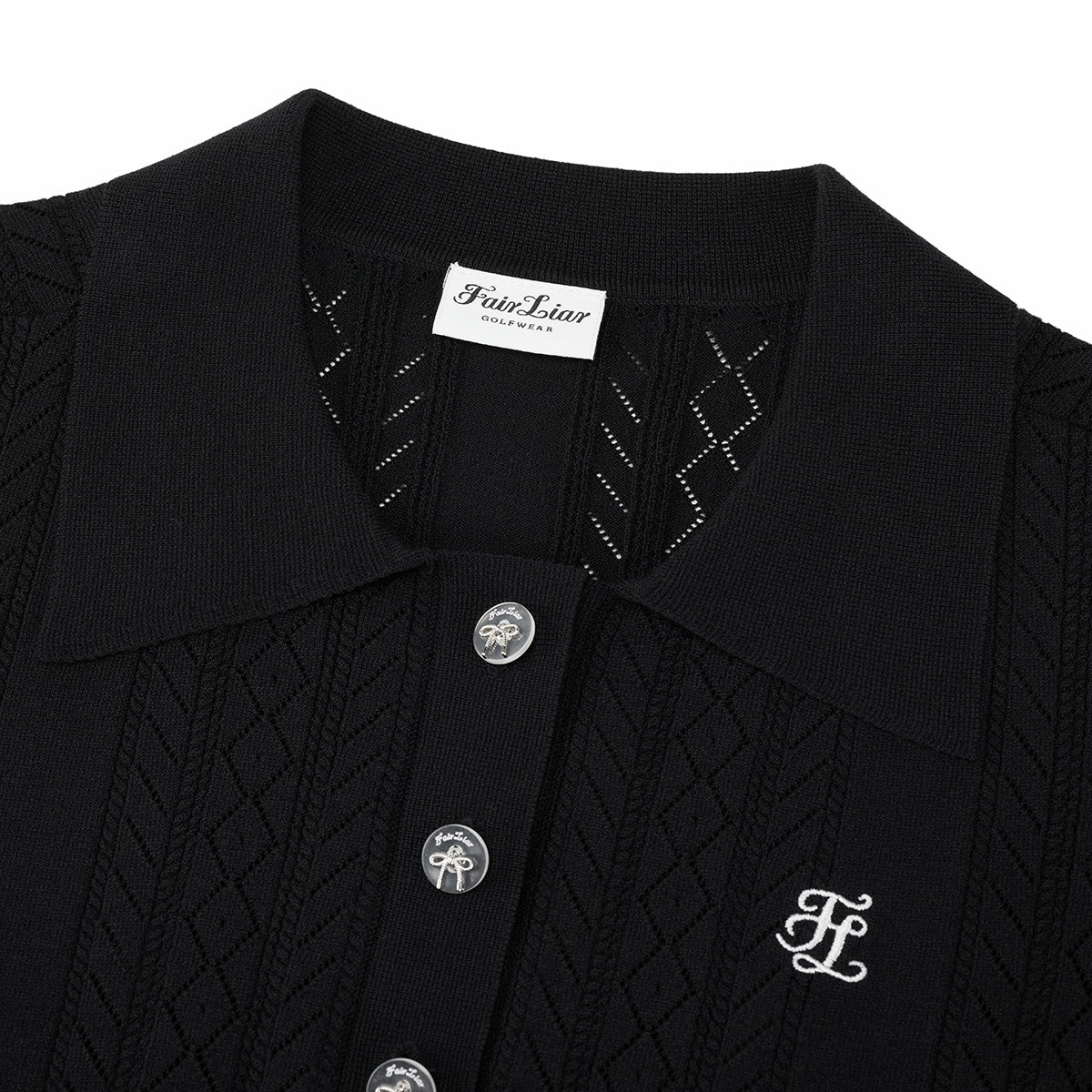 スカシ編みリボンボタン半袖ニット (ブラック)