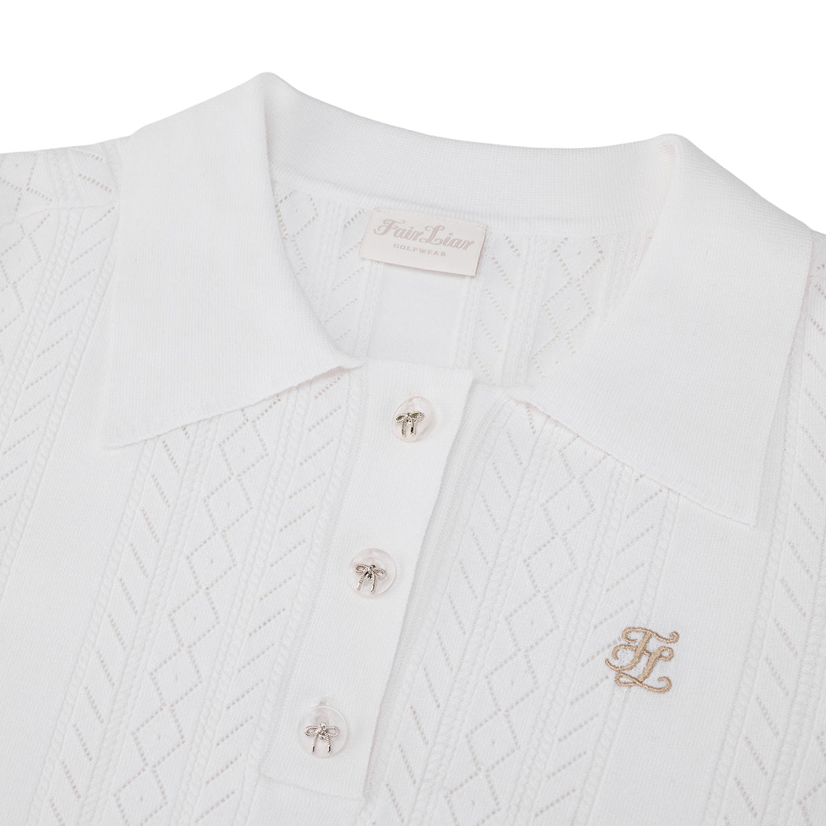 スカシ編みリボンボタン半袖ニット (ホワイト)