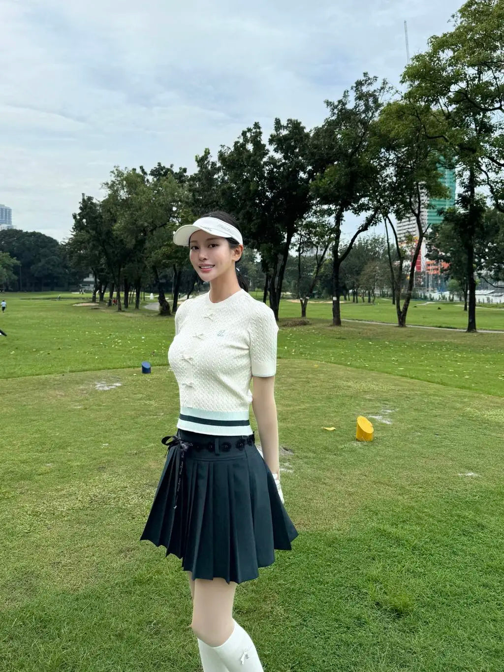 リボン4分の3スリーブクロップニット