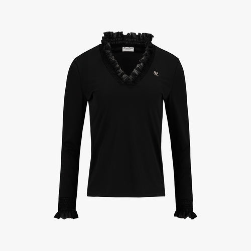 フリルVネックTシャツ (ブラック)