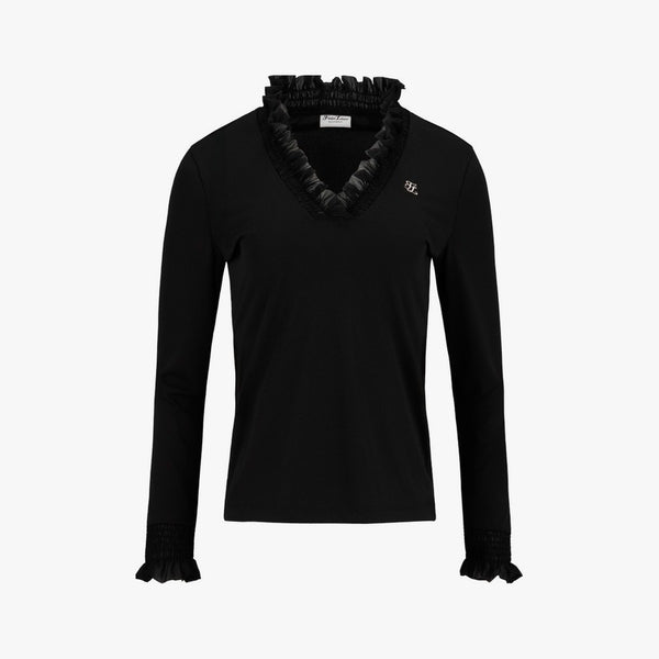 フリルVネックTシャツ (ブラック)