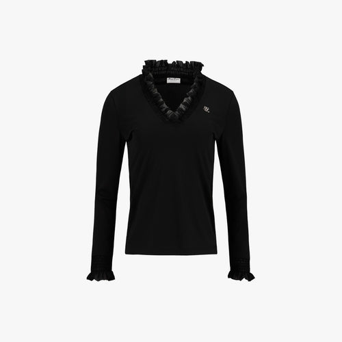フリルVネックTシャツ (ブラック)