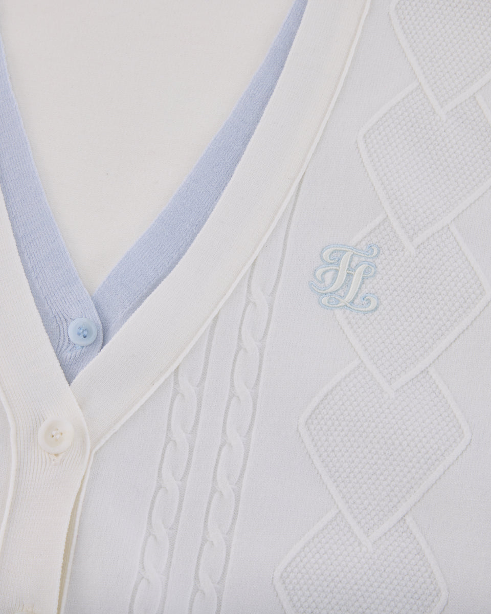 25SS Vネック編み柄ポイントカーディガン