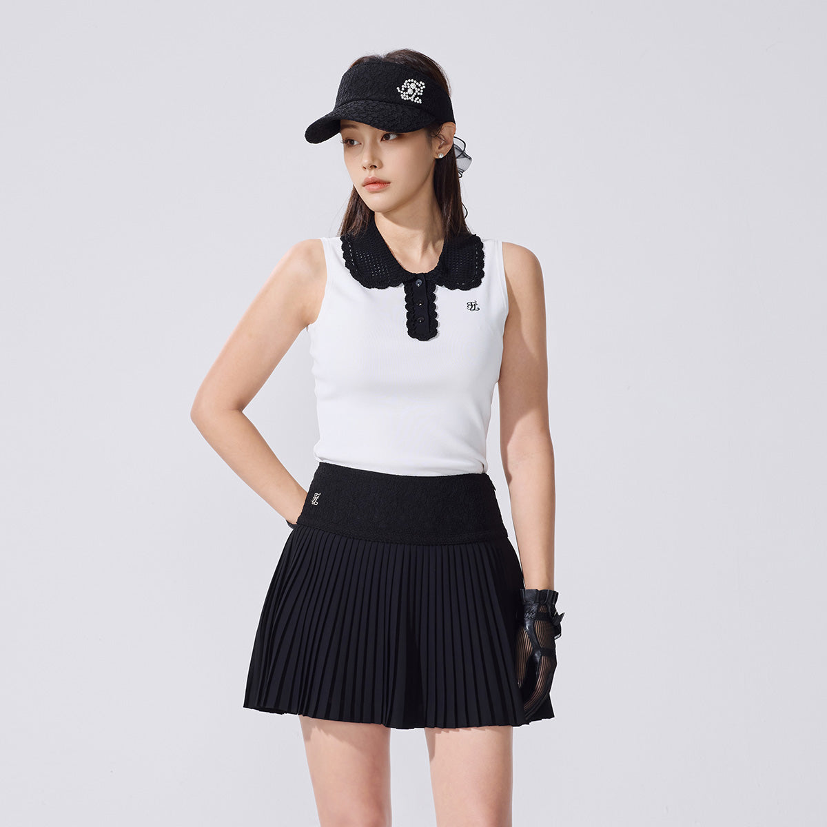 レースフレアプリーツスカート (ブラック)