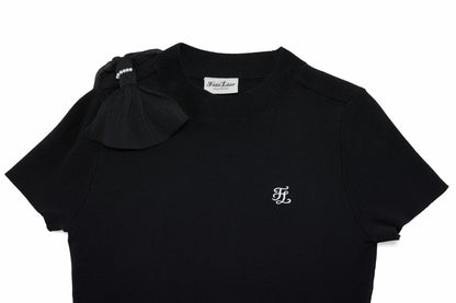 シフォンリボンキャップスリーブニット (ブラック)