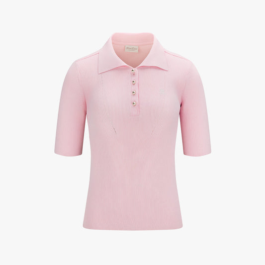 リブ7分袖ニット (コーラル)