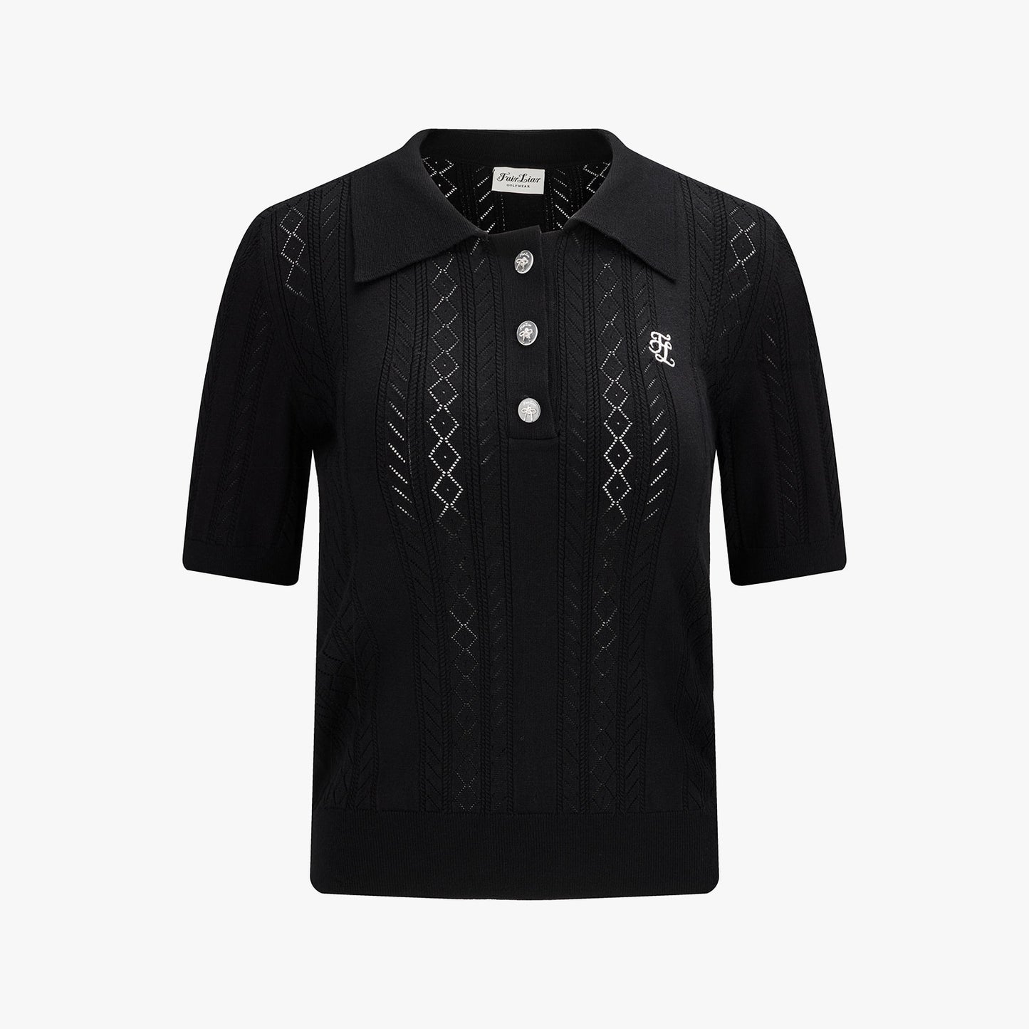 スカシ編みリボンボタン半袖ニット (ブラック)