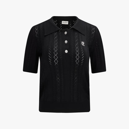 スカシ編みリボンボタン半袖ニット (ブラック)