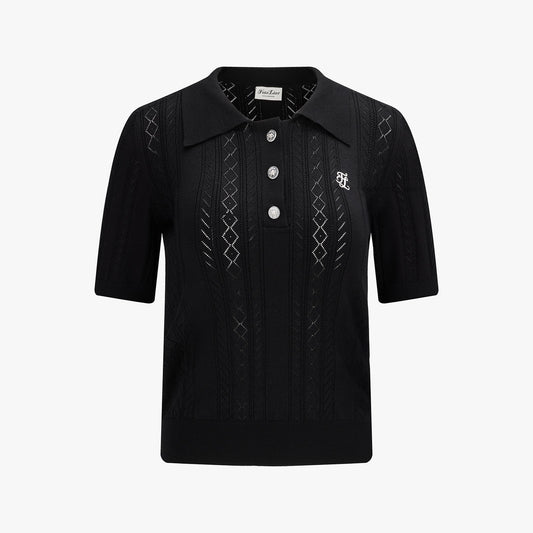 スカシ編みリボンボタン半袖ニット (ブラック)