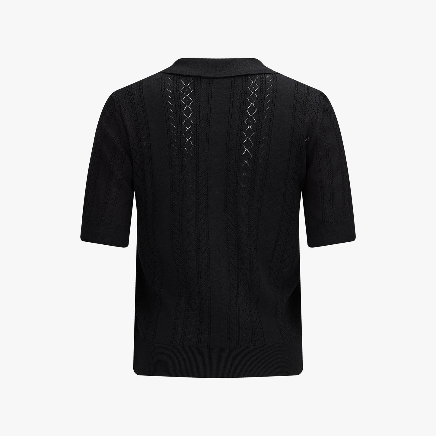 スカシ編みリボンボタン半袖ニット (ブラック)