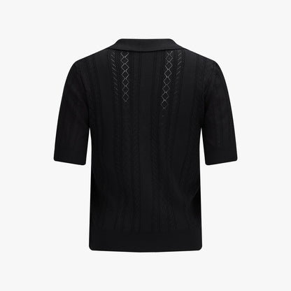 スカシ編みリボンボタン半袖ニット (ブラック)