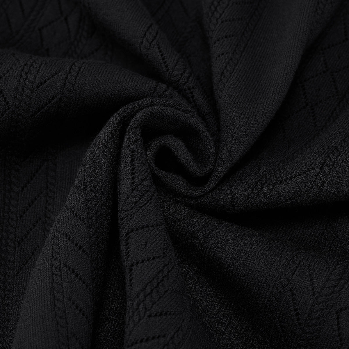 スカシ編みリボンボタン半袖ニット (ブラック)