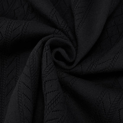 スカシ編みリボンボタン半袖ニット (ブラック)