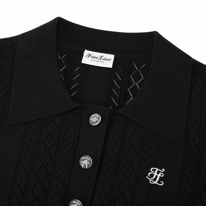 スカシ編みリボンボタン半袖ニット (ブラック)