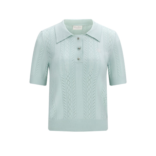スカシ編みリボンボタン半袖ニット (ミント)