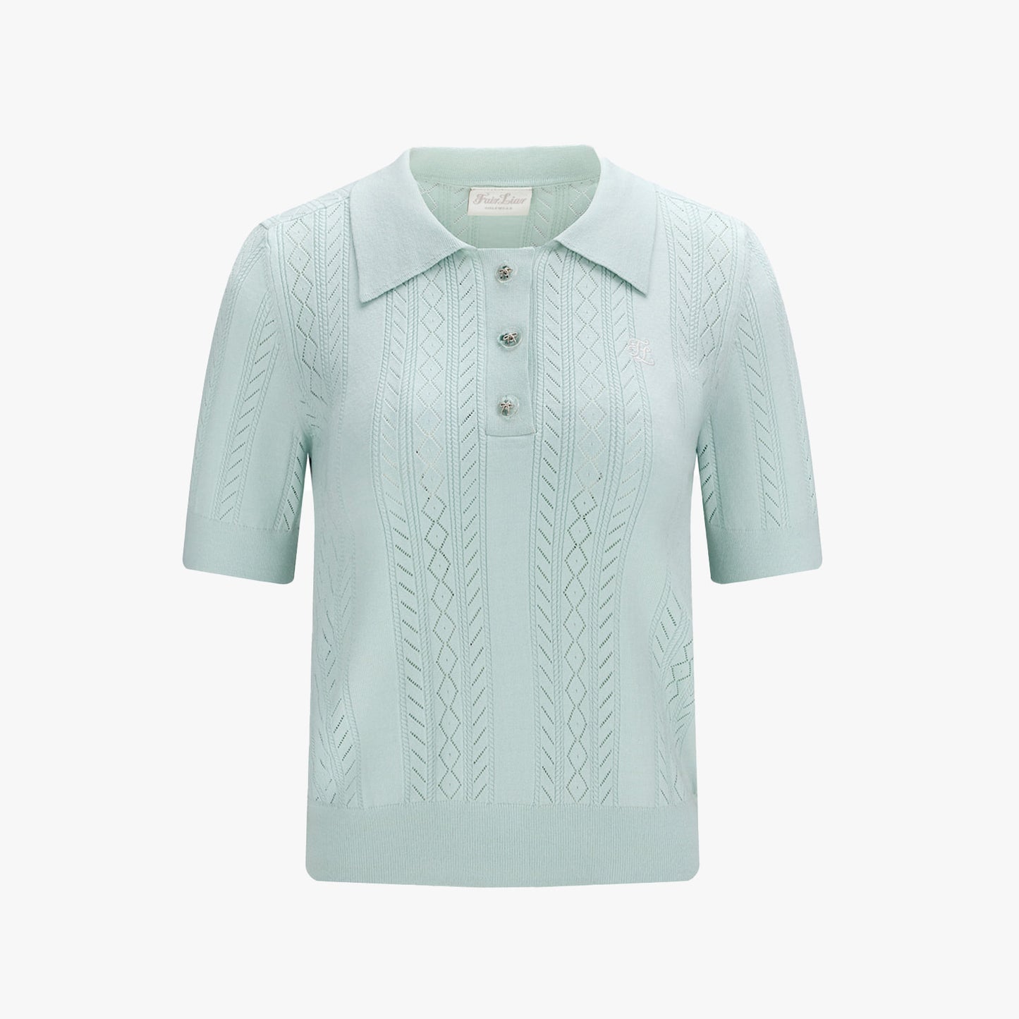 スカシ編みリボンボタン半袖ニット (ミント)