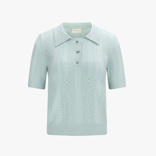 スカシ編みリボンボタン半袖ニット (ミント)
