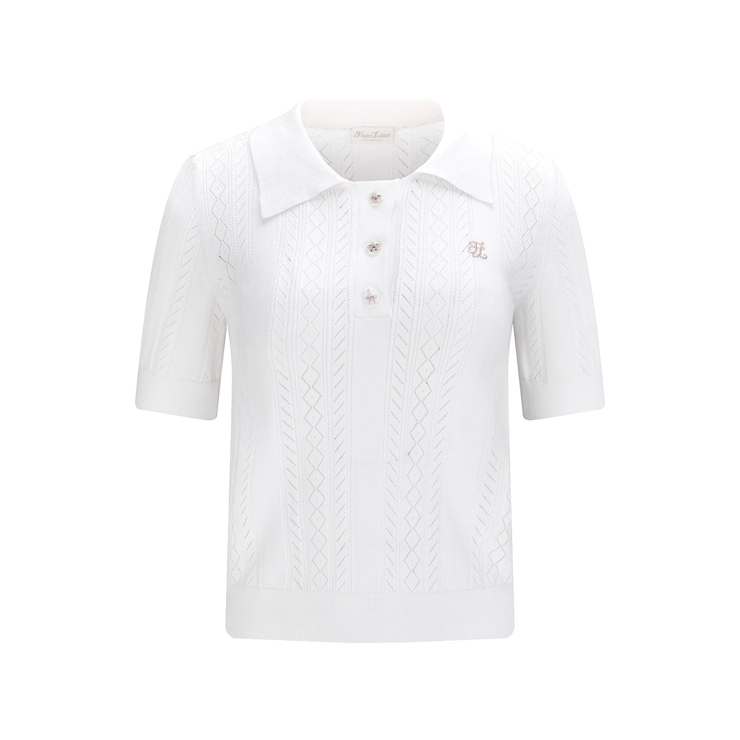 スカシ編みリボンボタン半袖ニット (ホワイト)