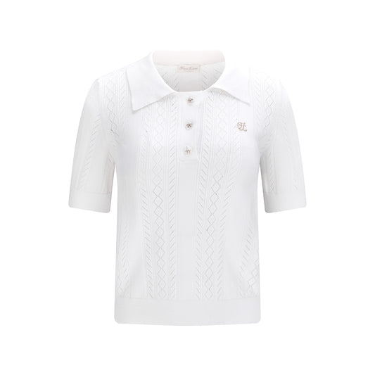 スカシ編みリボンボタン半袖ニット (ホワイト)