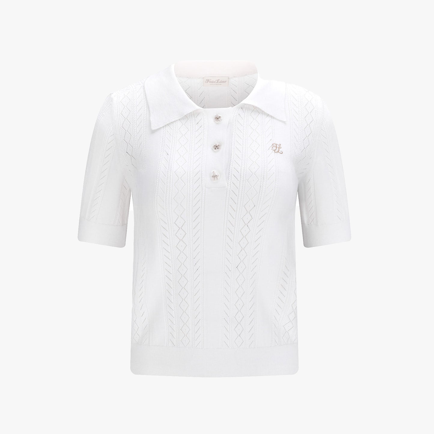スカシ編みリボンボタン半袖ニット (ホワイト)