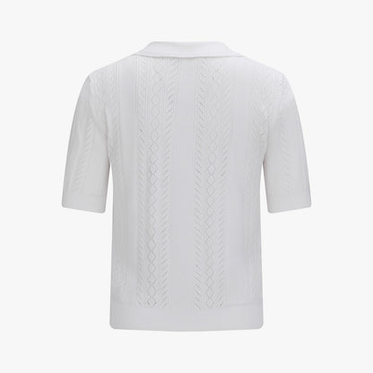 スカシ編みリボンボタン半袖ニット (ホワイト)