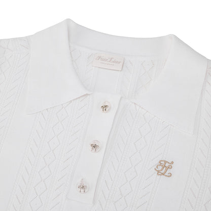 スカシ編みリボンボタン半袖ニット (ホワイト)