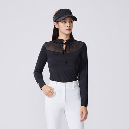 シースルーシャーリングハイネックTシャツ (ブラック)