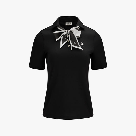 スカーフセットオープンネック7分袖Tシャツ (ブラック)