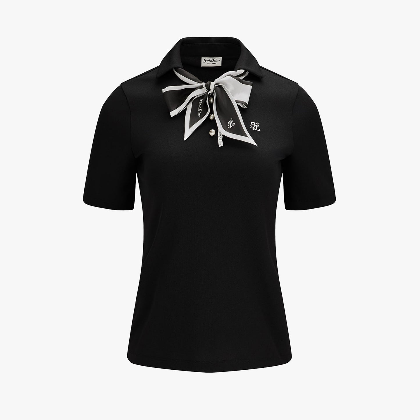 スカーフセットオープンネック7分袖Tシャツ (ブラック)