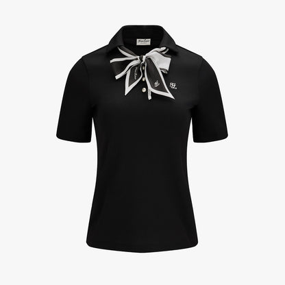 スカーフセットオープンネック7分袖Tシャツ (ブラック)