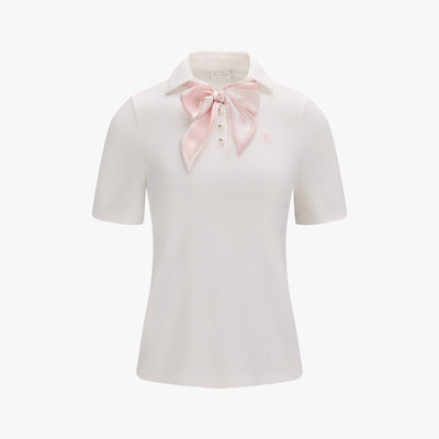 スカーフセットオープンネック7分袖Tシャツ (ホワイト)