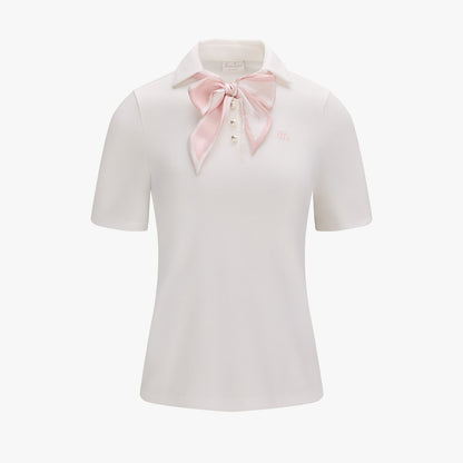 スカーフセットオープンネック7分袖Tシャツ (ホワイト)