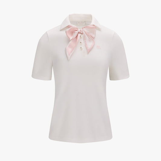 スカーフセットオープンネック7分袖Tシャツ (ホワイト)