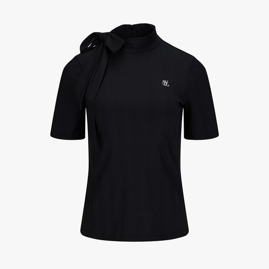 リボンハイネック7分袖Tシャツ (ブラック)