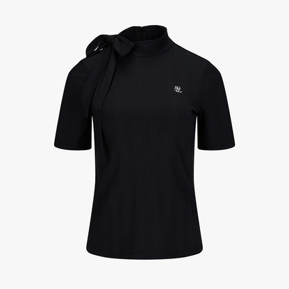リボンハイネック7分袖Tシャツ (ブラック)