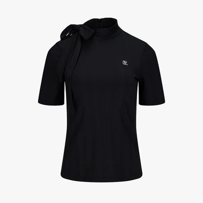 リボンハイネック7分袖Tシャツ (ブラック)