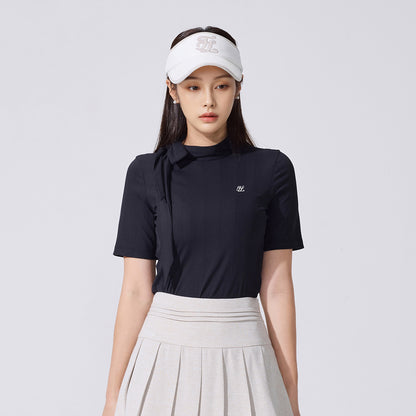 リボンハイネック7分袖Tシャツ (ブラック)