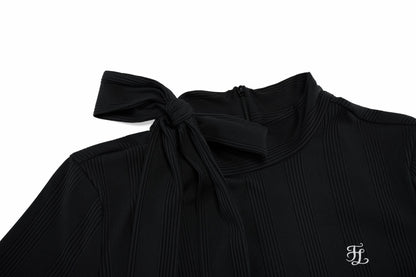 リボンハイネック7分袖Tシャツ (ブラック)