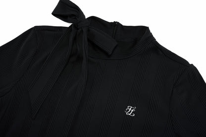 リボンハイネック7分袖Tシャツ (ブラック)