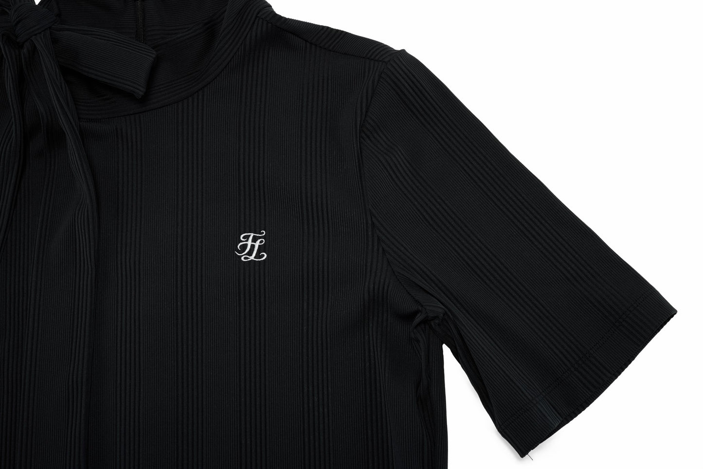 リボンハイネック7分袖Tシャツ (ブラック)