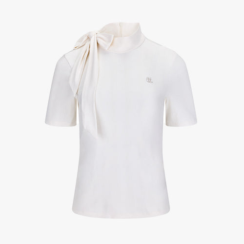 リボンハイネック7分袖Tシャツ (ホワイト)