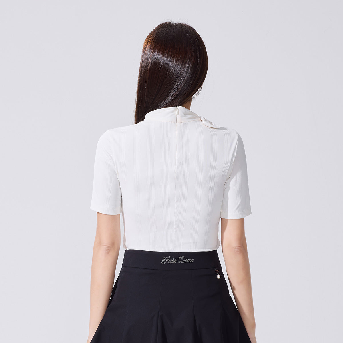 リボンハイネック7分袖Tシャツ (ホワイト)