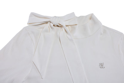 リボンハイネック7分袖Tシャツ (ホワイト)