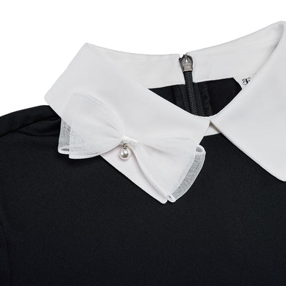 リボン配色長袖Tシャツ (ブラック)