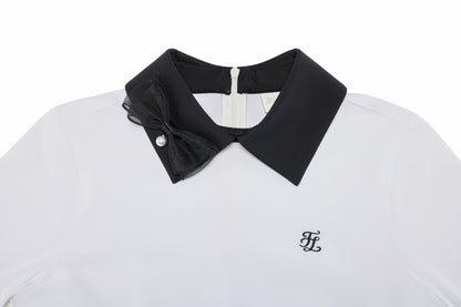 リボン配色長袖Tシャツ (ホワイト)