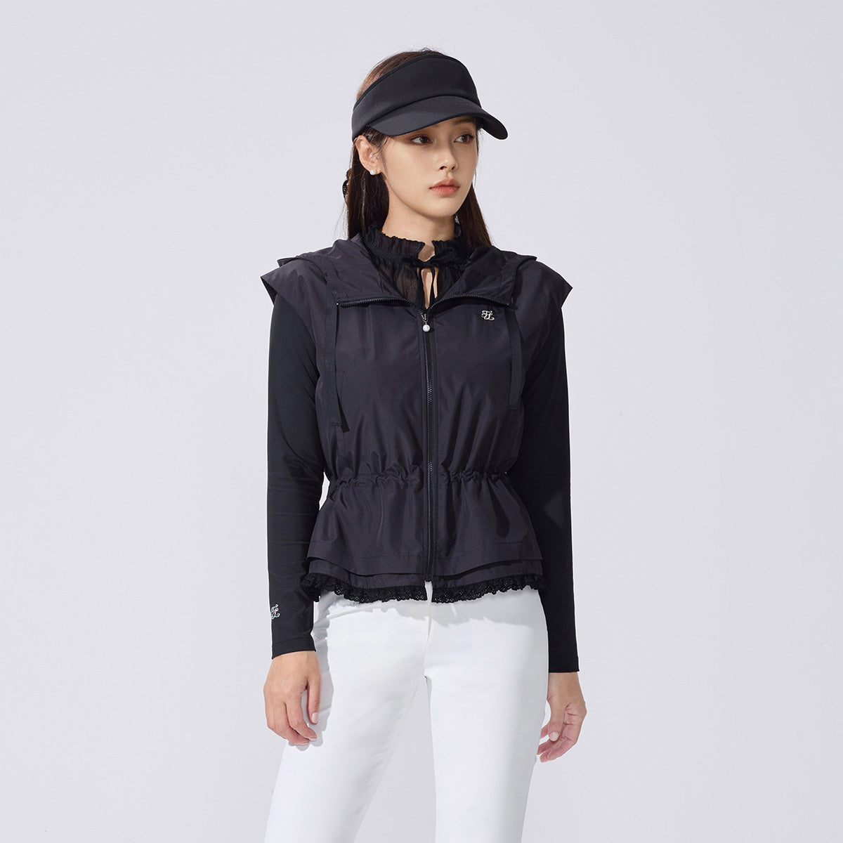 ドローストリングラッフルジップベスト (ブラック)