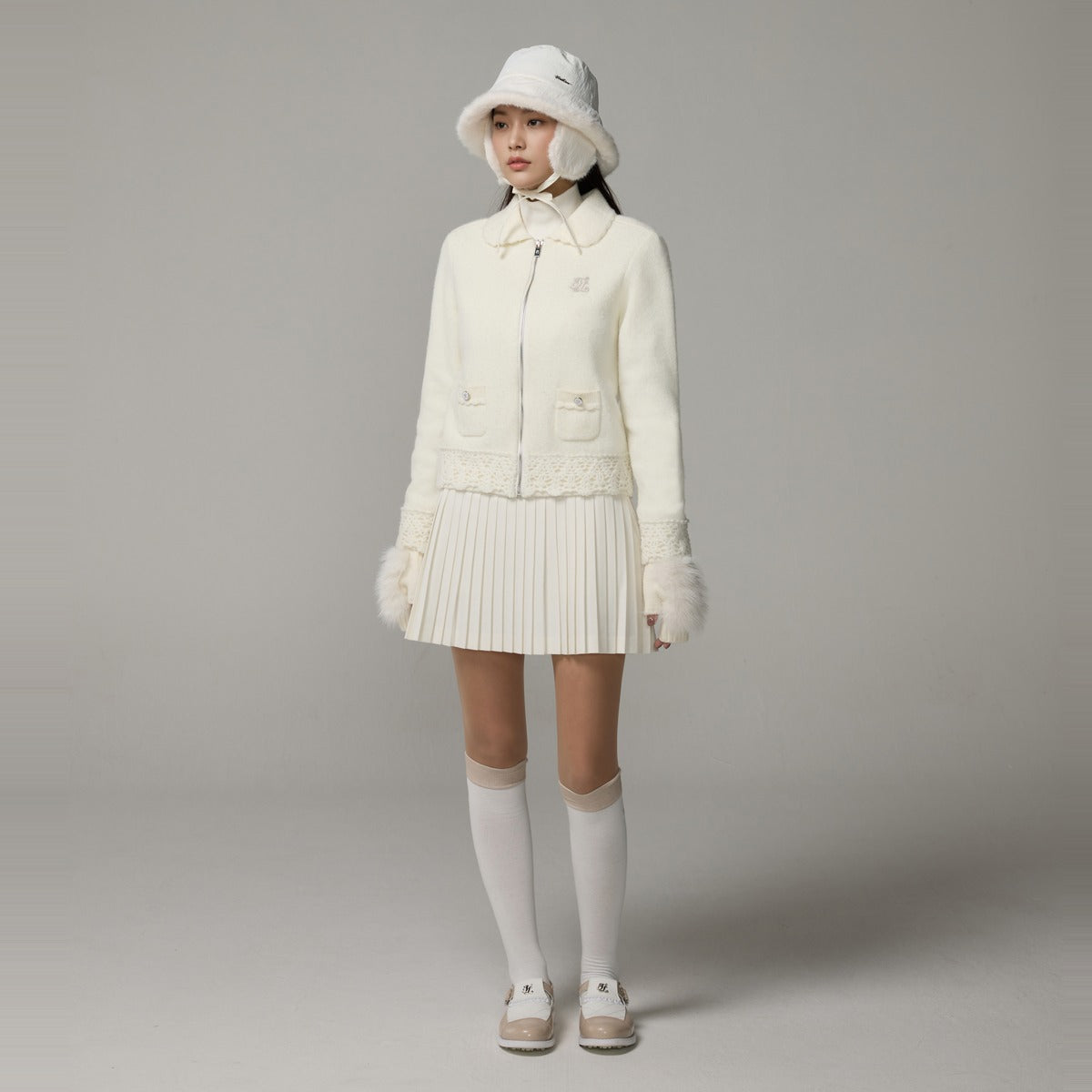 ウールクロシェ防風カーディガン (アイボリー) モデル着用