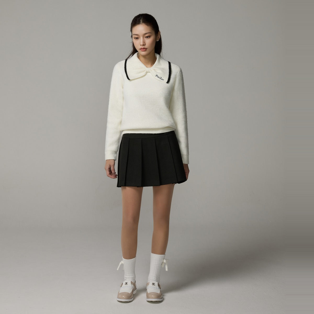 リボン防風ニット (アイボリー) モデル着用